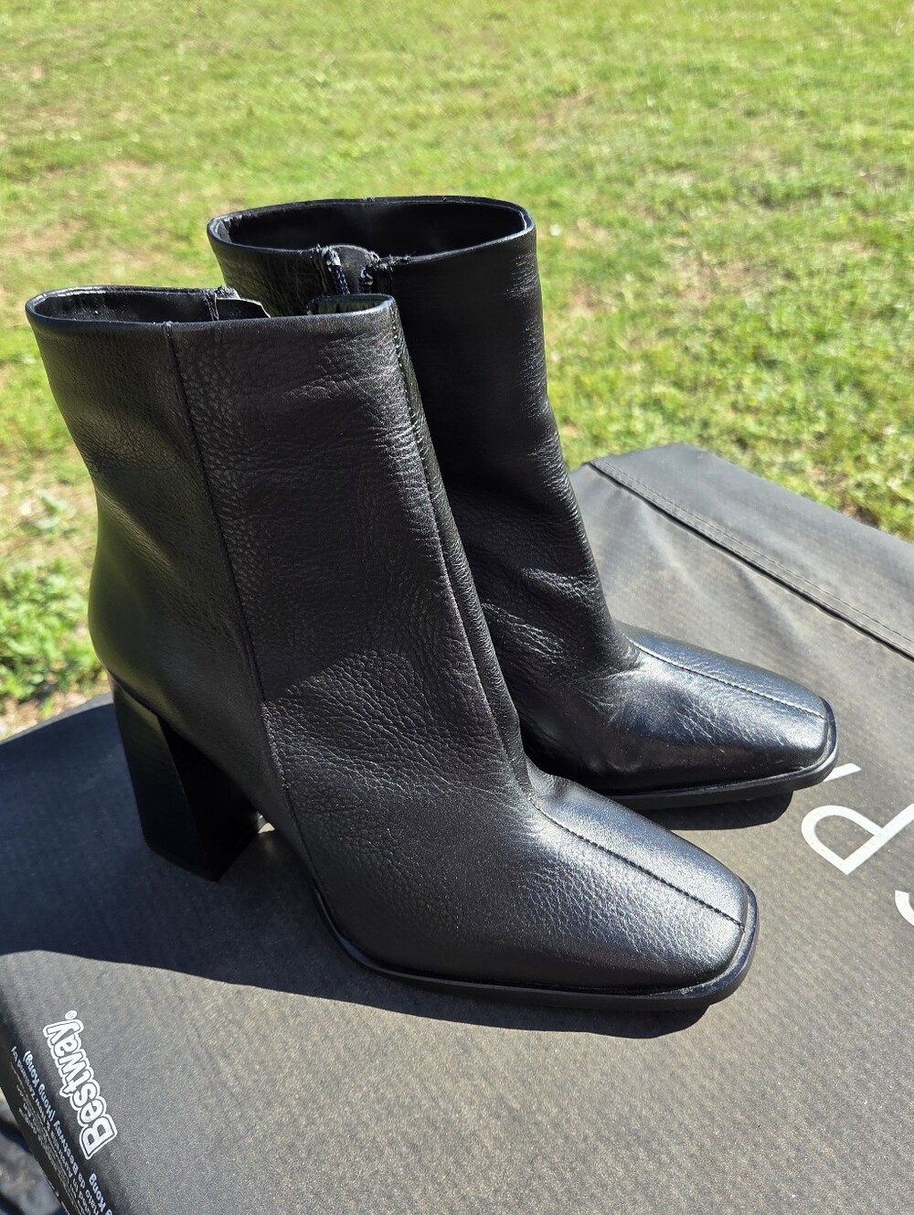 Women's Black Leather Square-Toe Ankle Boots with Block Heel